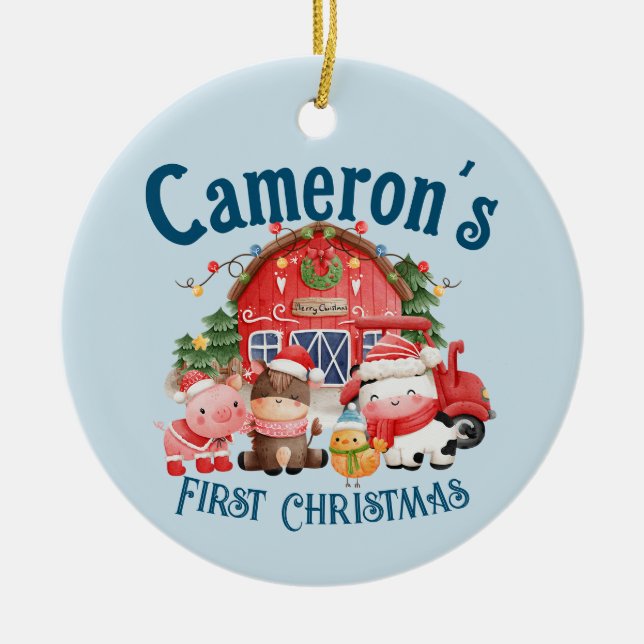 Niedliches Foto Weihnachtsbaumtiere auf Blue Keramik Ornament (Vorne)