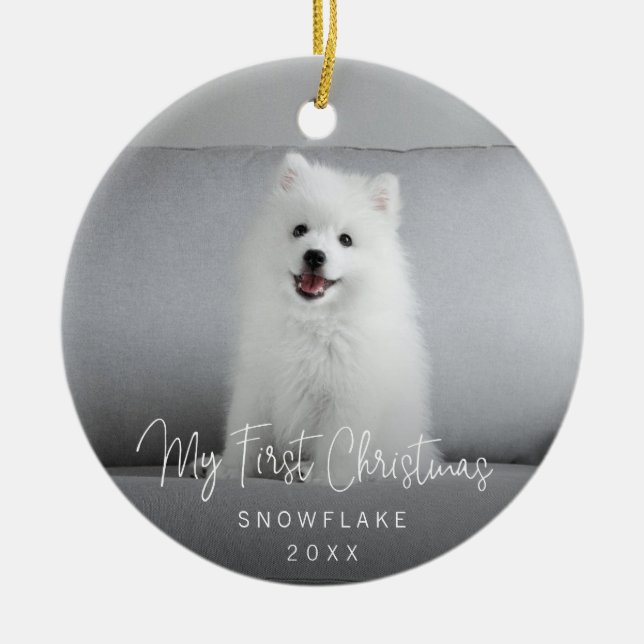 Niedliches Foto Welpen Hund Erste Weihnachtszeit Keramik Ornament (Vorne)
