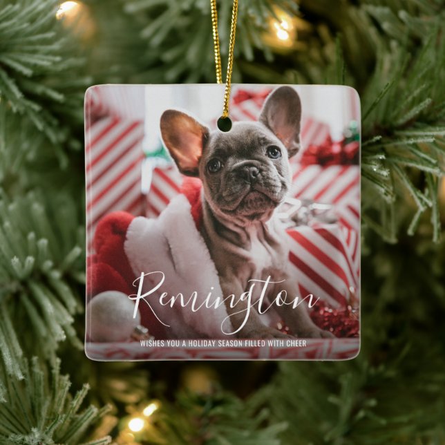 Niedliches Foto Welpen Hund Erste Weihnachtszeit Keramikornament (Baum)