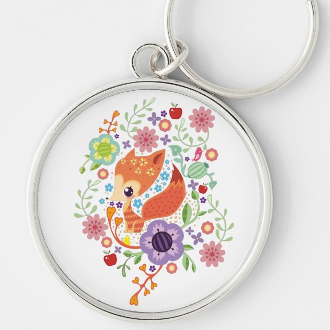 Niedliches Fox Baby Art Tier mit Blumenbezug Schlüsselanhänger (Vorne)