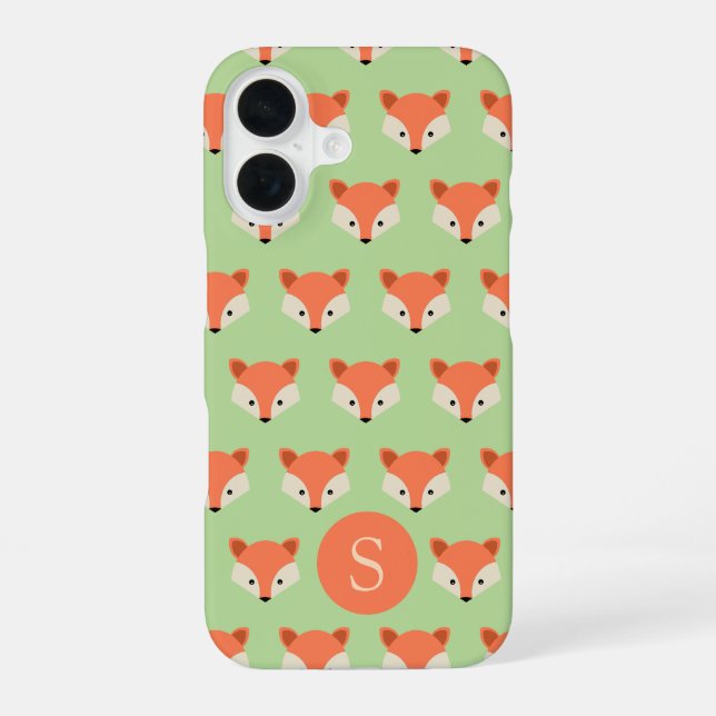 Niedliches Fox-Muster auf grüner Monogram iPhone 16 Hülle (Rückseite)