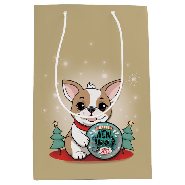 Niedliches französisches Bulldog Funny Happy New Y Mittlere Geschenktüte (Vorderseite)