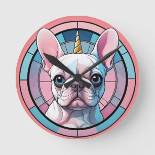 Niedliches französisches Bulldog Pastell Unicorn Runde Wanduhr