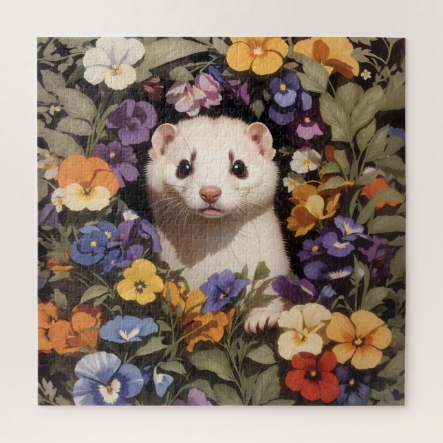 Niedliches Frettchen im Garten des Stiefmütterchen Puzzle (Vertikal)