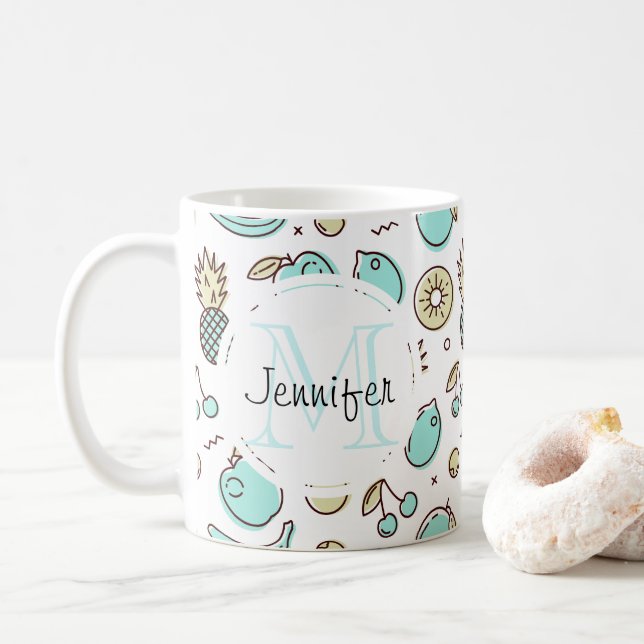 Niedliches Fruchtmuster Summeres Themed Monogram Kaffeetasse (Mit Donut)