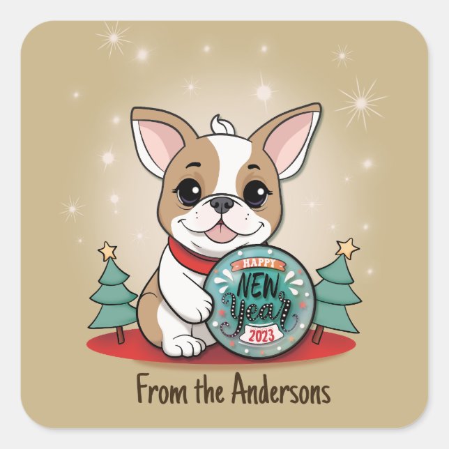 Niedliches Funny French Bulldog Happy New Year Quadratischer Aufkleber (Vorderseite)
