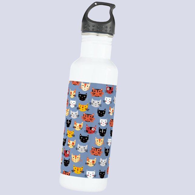 Niedliches Funny Kitty Cat Faces Pattern Blau Edelstahlflasche (Fun little kitty cat water bottle for pet lovers)