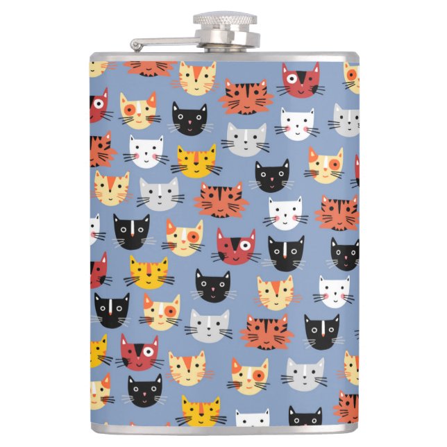 Niedliches Funny Kitty Cat Faces Pattern Blau Flachmann (Vorderseite)