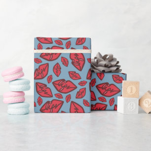 Niedliches Funny Lips Muster Blau Geschenkpapier