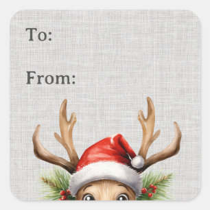 Niedliches Funny Peeking Rentier-Geschenksiegel Quadratischer Aufkleber