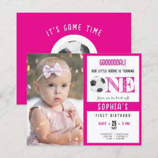 Niedliches Fußball-Foto Pink 1. Geburtstag Einladu