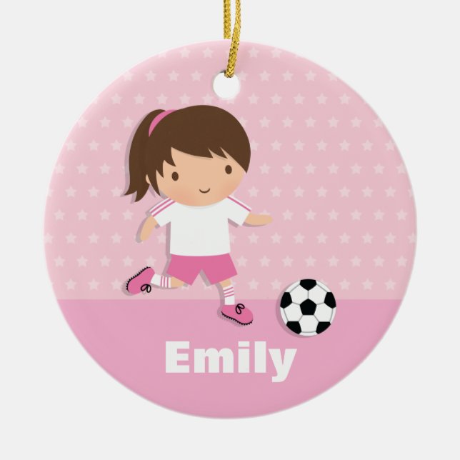 Niedliches Fußball-Fußballspieler-Mädchen-Rosa Keramik Ornament (Vorne)