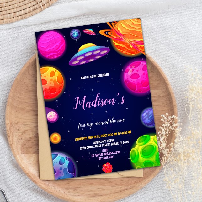 Niedliches Galaxie-Thema für Mädchen Einladung (Pink Outer Space Birthday Invitations)