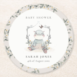 Niedliches gelbes Baby Hippo Foliage Elegante Baby Runder Pappuntersetzer