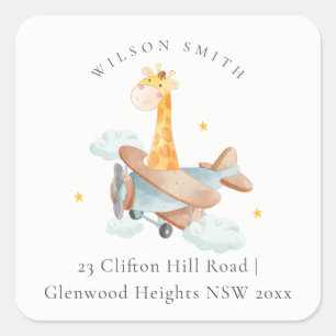 Niedliches Gelbes Flugzeug Giraffe Cloud Stars Him Quadratischer Aufkleber