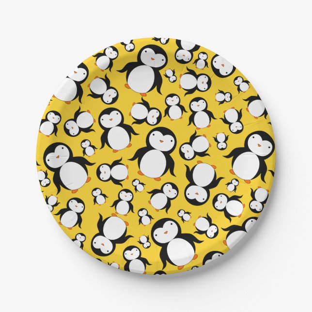 Niedliches gelbes Penguinmuster Pappteller (Vorderseite)