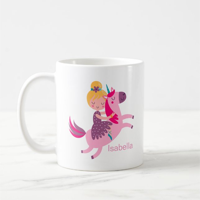 Niedliches Gelbhaariges Girl Reiten auf einem Einh Kaffeetasse (Links)
