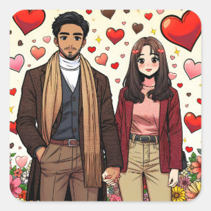Niedliches gemischtes Paar am Valentinstag Quadratischer Aufkleber