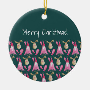 Niedliches Genom und Rentier mit rosa Handschuh Keramik Ornament