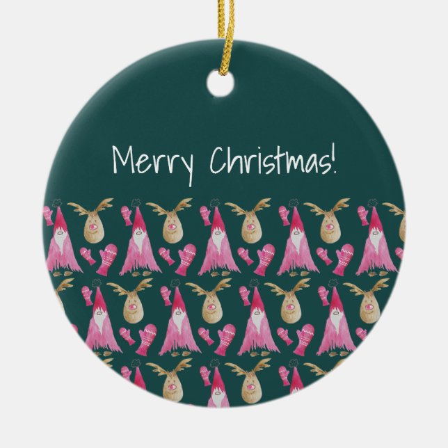 Niedliches Genom und Rentier mit rosa Handschuh Keramik Ornament (Vorne)