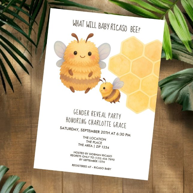 Niedliches Geschlecht zeigt auf, was Babydusche se Einladung (Cute Gender Reveal What Will Baby Bee Baby Shower Invitation by Ricaso. Fluffy Bumble Bee mom & baby)