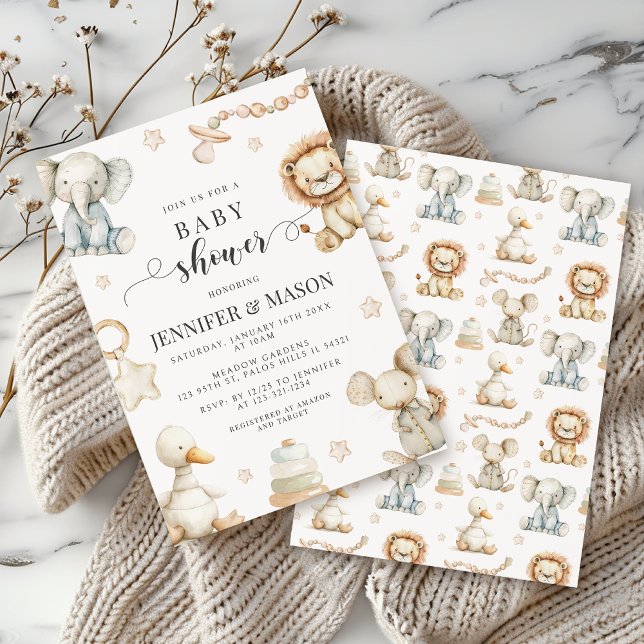 Niedliches geschlechtsneutrales Kinderzimmer Tierb Einladung (Von Creator hochgeladen)