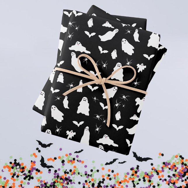 Niedliches Gespenst, Fledermäuse & Spieglein Hallo Geschenkpapier Set (Cute Ghost, Bats & Spiders Halloween Pattern Wrapping Paper Sheets)