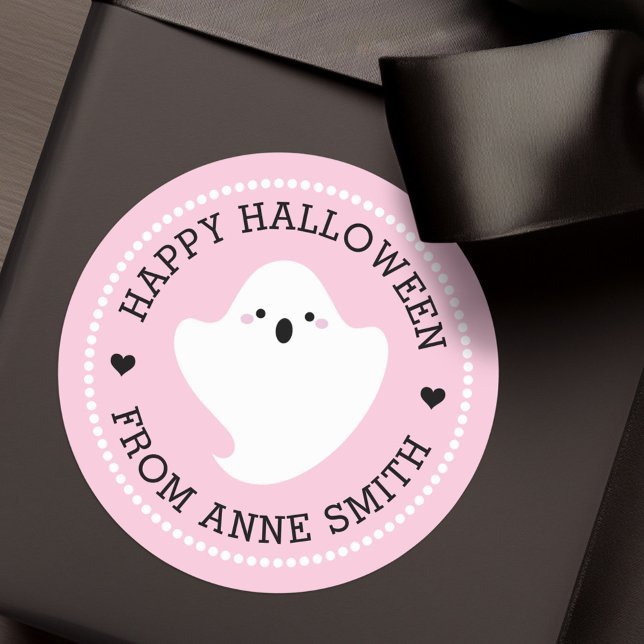 Niedliches Gespenst Happy Halloween aus individuel Runder Aufkleber (Cute ghost Happy Halloween from custom name pink Classic Round Sticker)