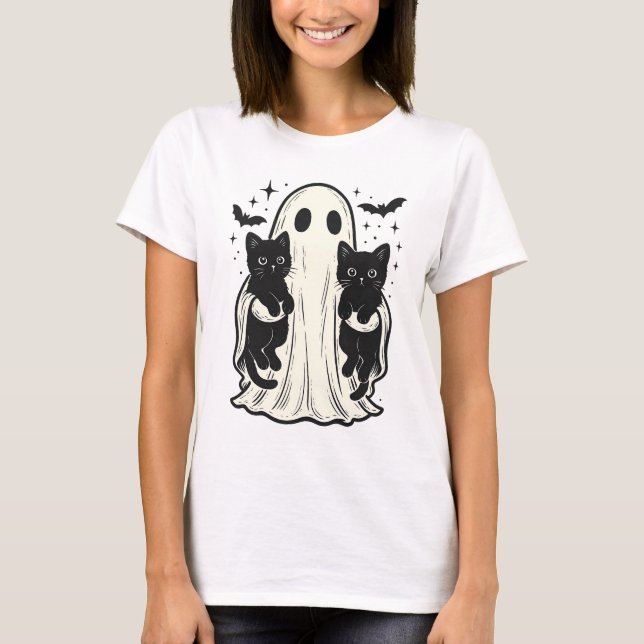 Niedliches Gespenst mit schwarzem KatzenHalloween, T-Shirt (Vorderseite)