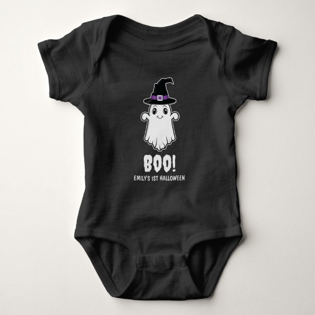 Niedliches Ghost mit Hexenhut mein 1. Halloween Baby Strampler (Vorderseite)