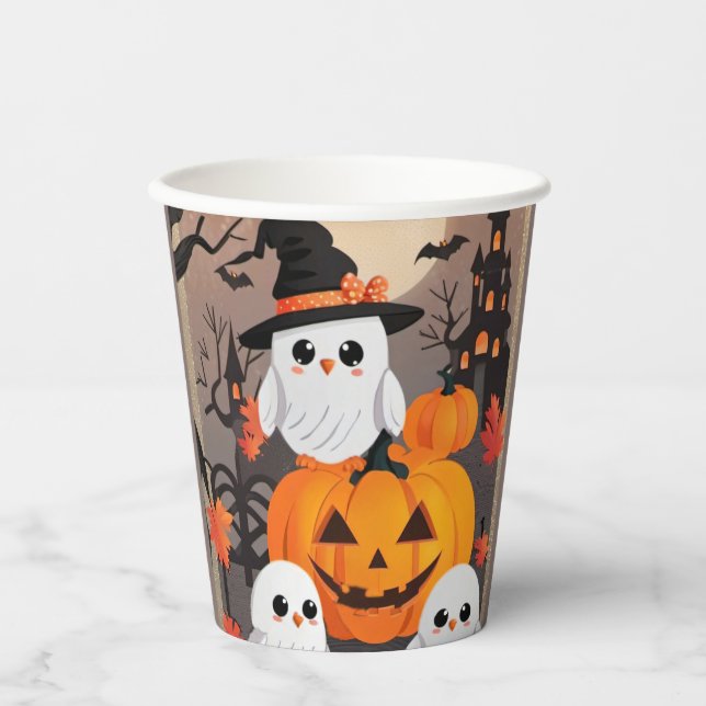 Niedliches Ghost-Owls & Pumpkins Spooky-Halloween- Pappbecher (Vorderseite)