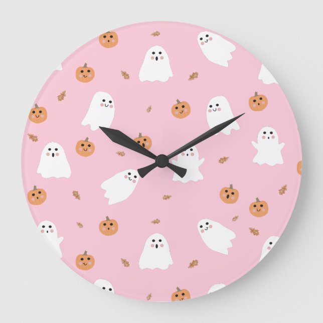 Niedliches Ghost-Pink-Pink-Halloween-Muster Große Wanduhr (Vorderseite)