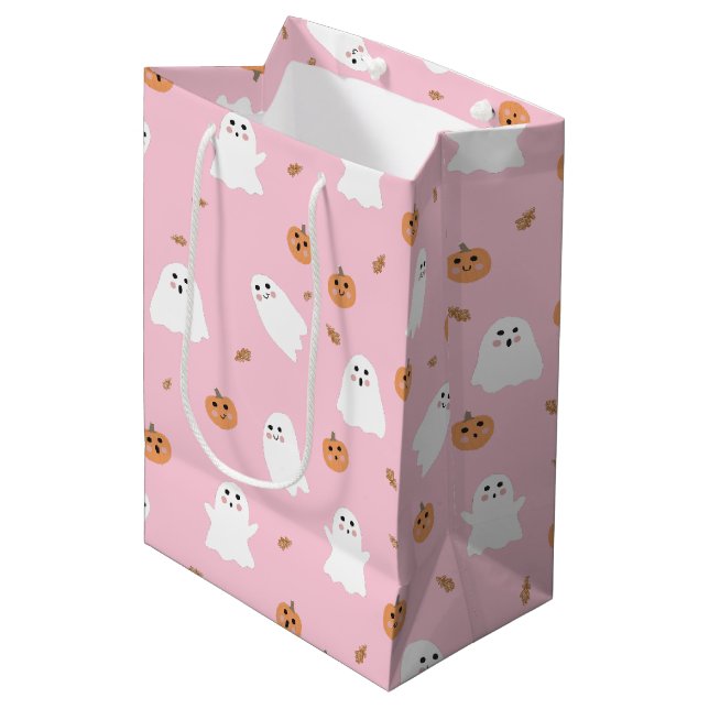 Niedliches Ghost-Pink-Pink-Halloween-Muster Mittlere Geschenktüte (Vorderseite Schrägansicht)