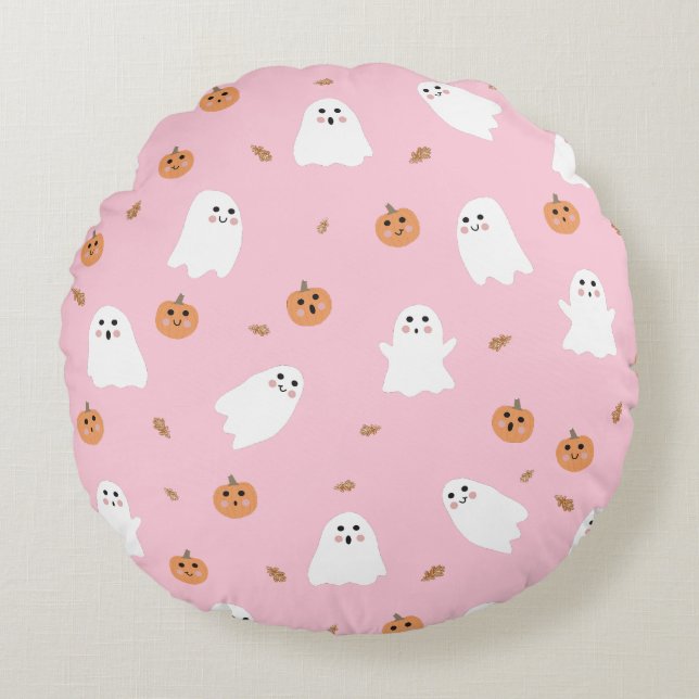 Niedliches Ghost-Pink-Pink-Halloween-Muster Rundes Kissen (Vorderseite)