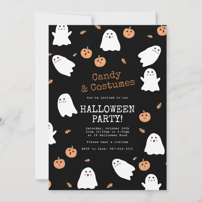 Niedliches Ghost & Pumpkin Black Halloween-Party Einladung (Vorderseite)