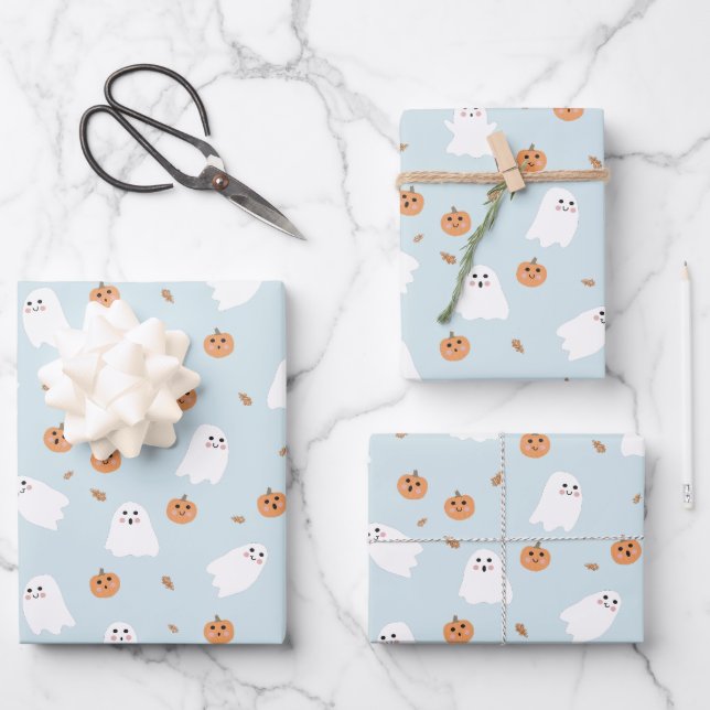 Niedliches Ghost & Pumpkin Blue Halloween-Muster Geschenkpapier Set (Vorderseite)
