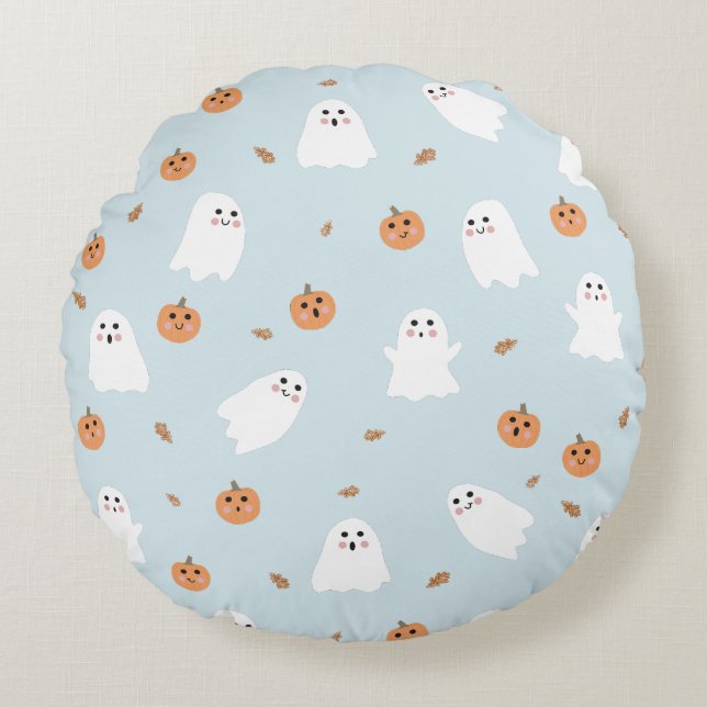 Niedliches Ghost & Pumpkin Blue Halloween-Muster Rundes Kissen (Vorderseite)