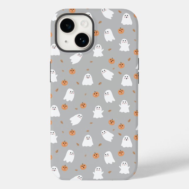 Niedliches Ghost & Pumpkin Graues Halloween-Muster Case-Mate iPhone Hülle (Rückseite)