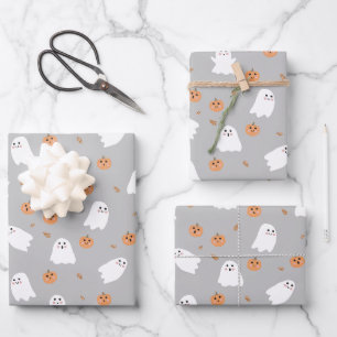 Niedliches Ghost & Pumpkin Graues Halloween-Muster Geschenkpapier Set