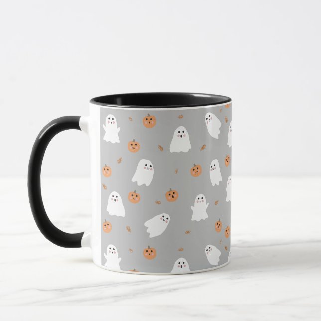 Niedliches Ghost & Pumpkin Graues Halloween-Muster Tasse (Links)
