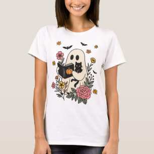 Niedliches Ghost Reading Book mit Cat Halloween Sh T-Shirt