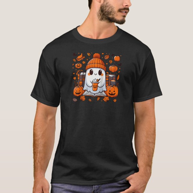 Niedliches Ghost Reading Buch Herbst Kaffeehaus T-Shirt (Vorderseite)