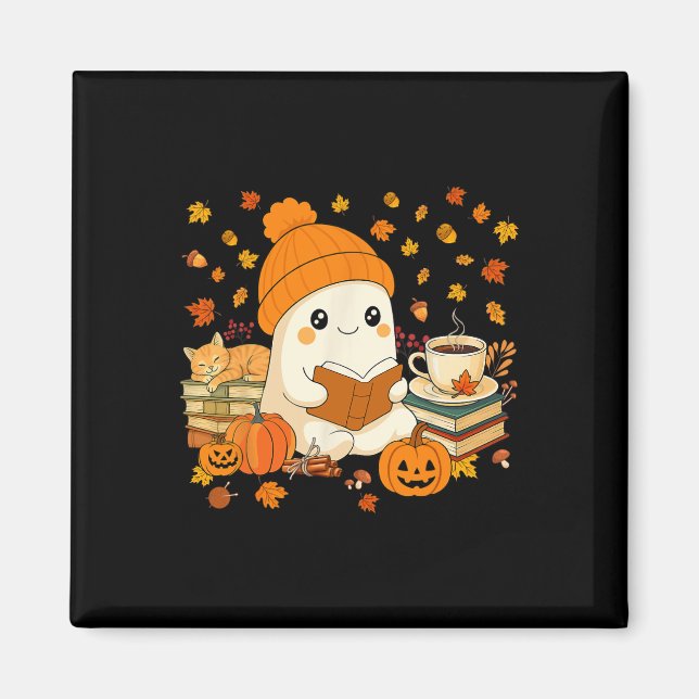 Niedliches Ghost Reading Buch Liebhaber Herbstfall Magnet (Vorne)