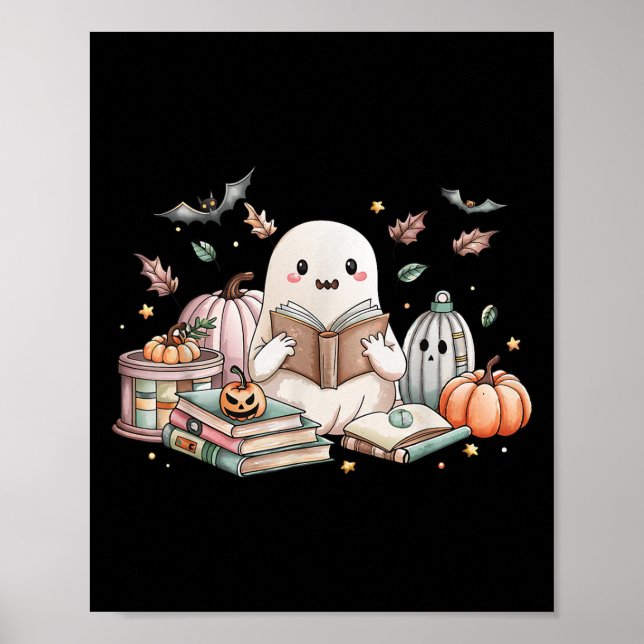 Niedliches Ghost Reading Buch Liebhaber Herbstfall Poster (Vorne)