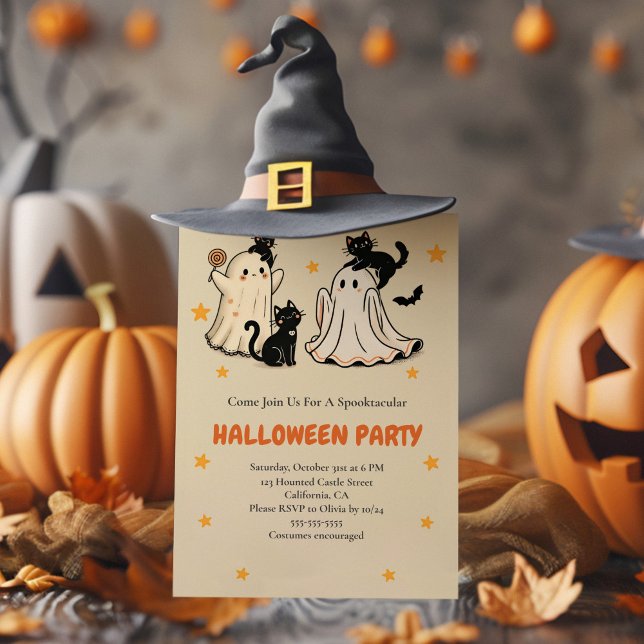 Niedliches Ghost- und Black Cat-Halloween-Party Einladung (Cute Ghost and Black Cat Halloween Party Invitation with funny halloween decoration and a witch hat)