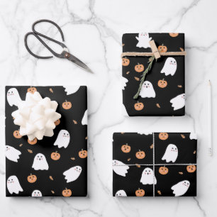 Niedliches Ghost- und Kürbisschwarz Halloween-Must Geschenkpapier Set