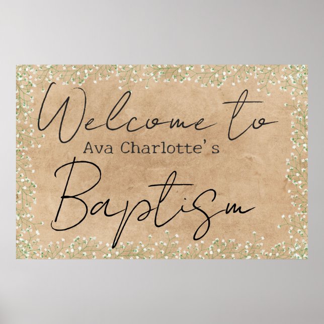 Niedliches Gipskraut Blume Rustikale Taufe Willkom Poster (Vorne)