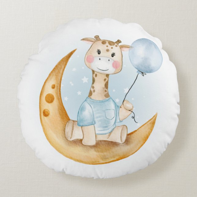 NIEDLICHES GIRAFFE MIT BLAUEM BALLOON AUF DEM Mond Rundes Kissen (Vorderseite)