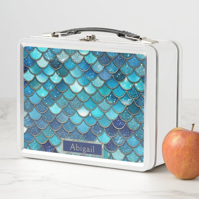 Niedliches Girl Aquamarin Blue Gold Mermaid Scales Metall Brotdose (Beispiel)