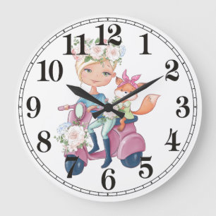 Niedliches Girl auf Scooter mit Fox Wall Clock Große Wanduhr